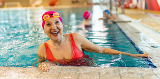 Senior women in pool smiling