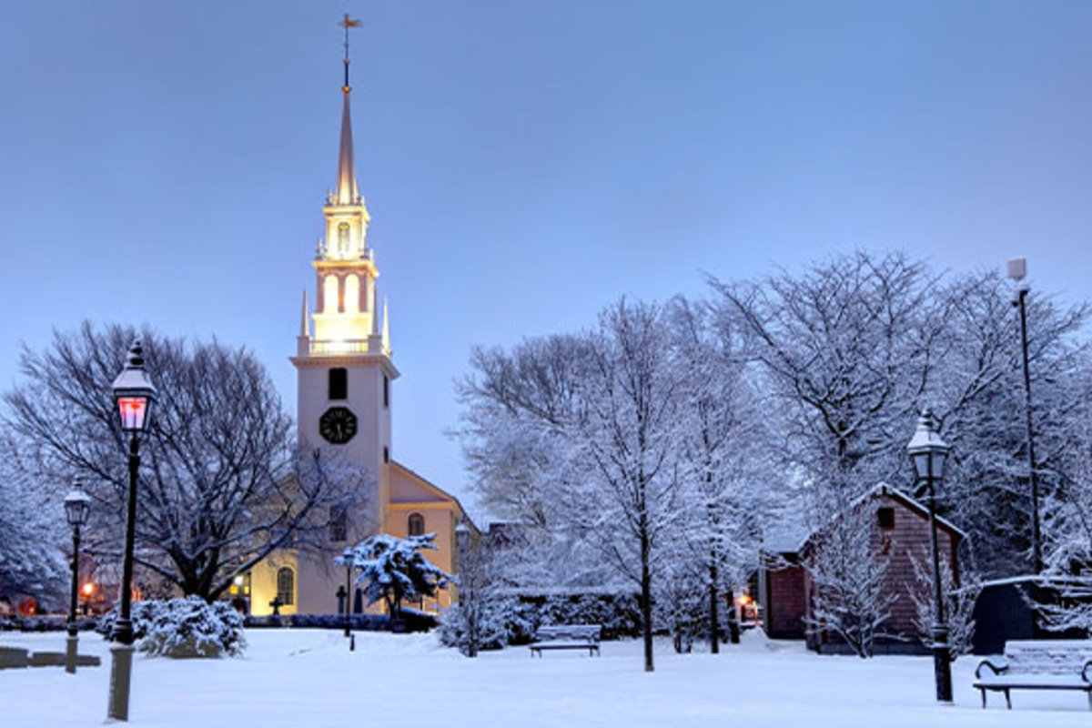 A church on an early evening winter day.